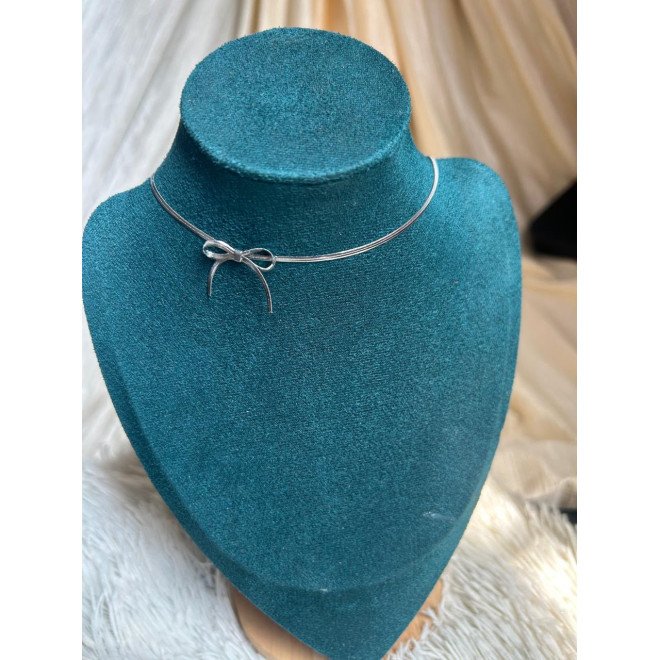 Silver Bow Herringbone Choker Necklace